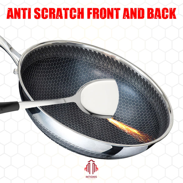 INTIGNIS Wok with Oven-Safe Lid - Anti Scratch Kitchen, for Sauting, Roasting, Broiling  Large 30cm Stainless-Steel Skillet - German GREBLON