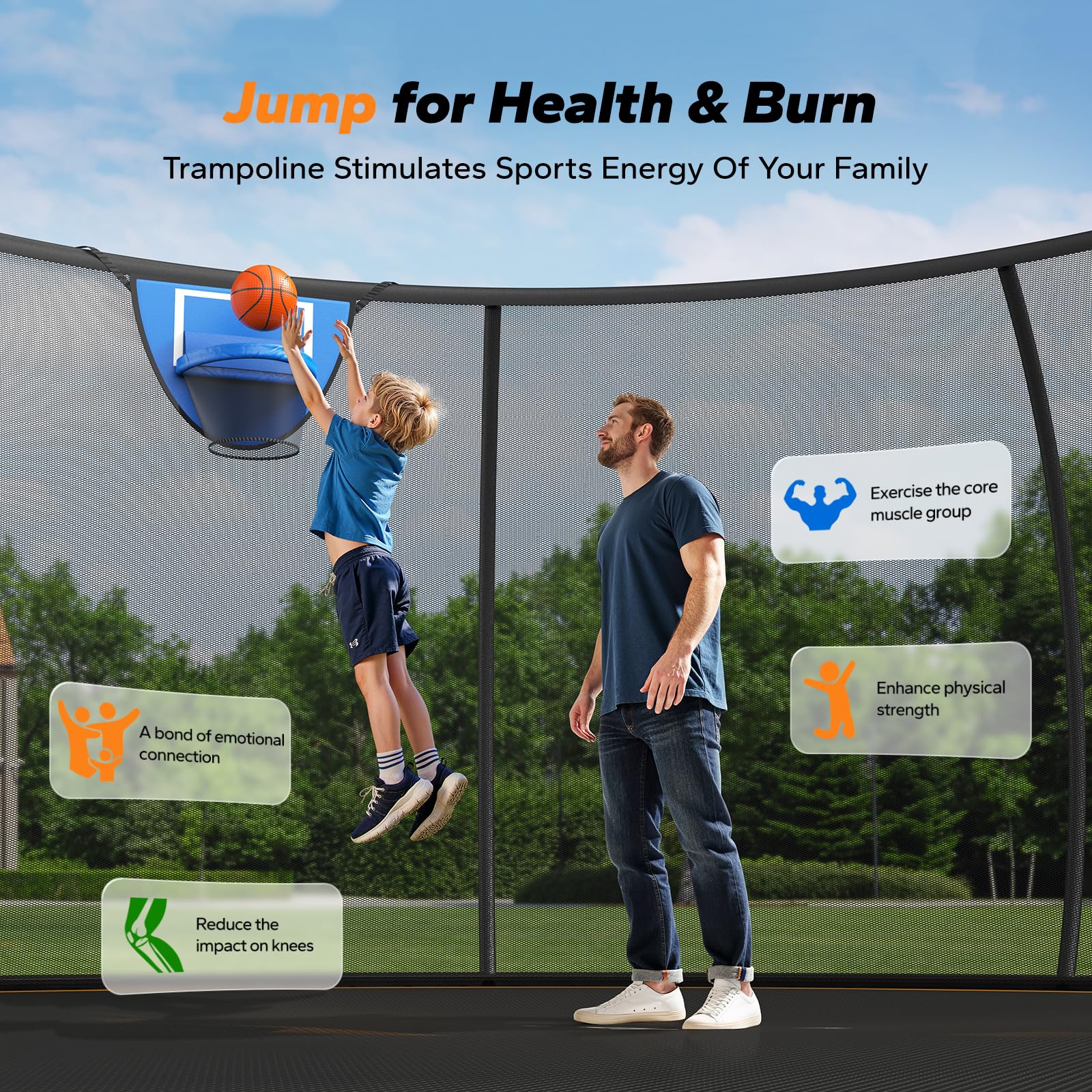 MERACH Trampoline 10ft/12ft/14ft/16ft, Outdoor Large Trampolines with Safety Net & Basket Ball, Max Load 330lb Rebounder Trampoline for Adults Family