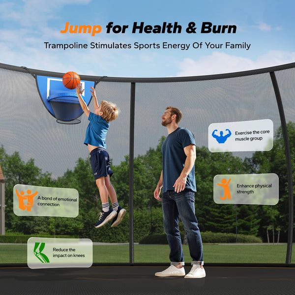 MERACH Trampoline 10ft/12ft/14ft/16ft, Outdoor Large Trampolines with Safety Net & Basket Ball, Max Load 330lb Rebounder Trampoline for Adults Family