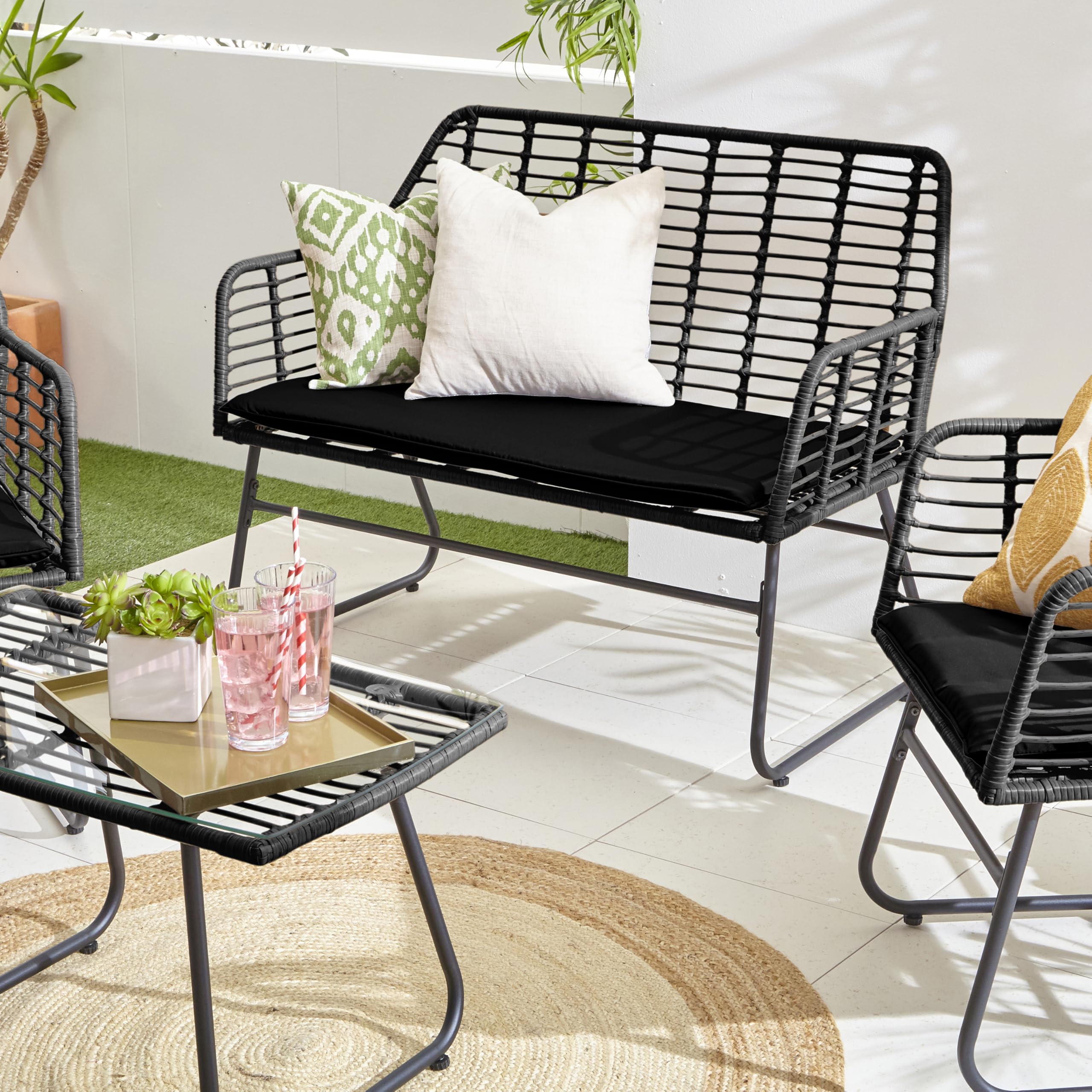 Neo Garden Patio Furniture Wicker Rattan Chair Table Sofa Outdoor Indoor Balcony Conservatory Cushion Set (Dark Grey)