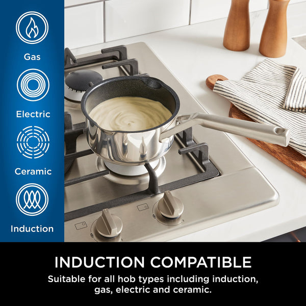 Ninja ZEROSTICK 5-Piece Pan Set, Long Lasting Non Stick,16cm, 18cm & 20cm Saucepans with oven-safe glass lids, 16cm Milk Pan, 24cm Frying Pan, Stainless Steel Cookware C6500UK