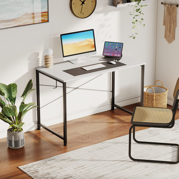 Flrrtenv 80cm Computer Desk, Small White Office Desk with Sturdy Metal Frame and X-Shaped Design, Gaming Desk for Home, Modern White