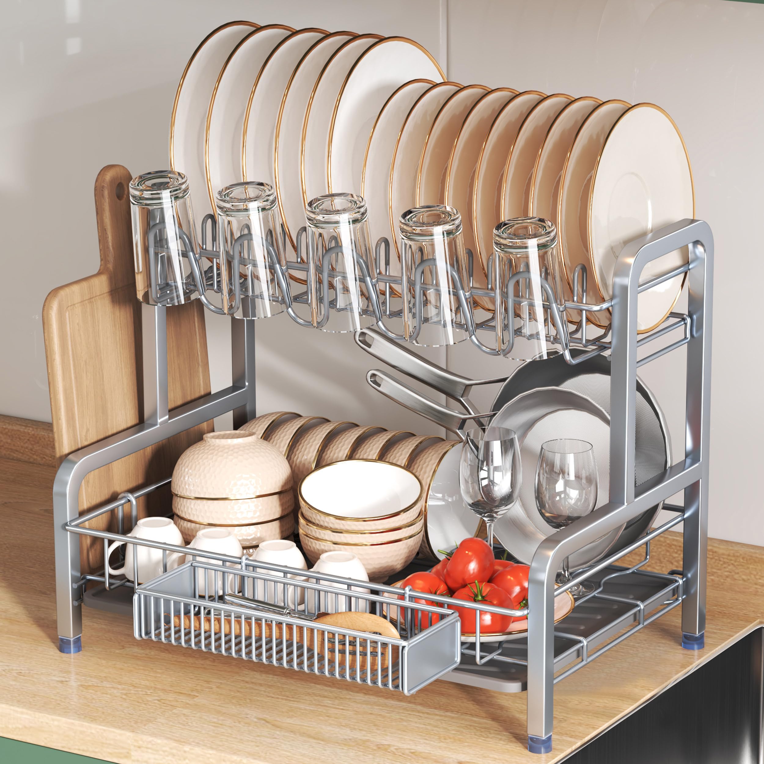 2 Tier Dish Drying Rack, Dish Drainer with Drip Tray, Stainless Steel Dish Rack with Utensil Holder, Cutting Board Holder and Cup Rack, Draining Rack