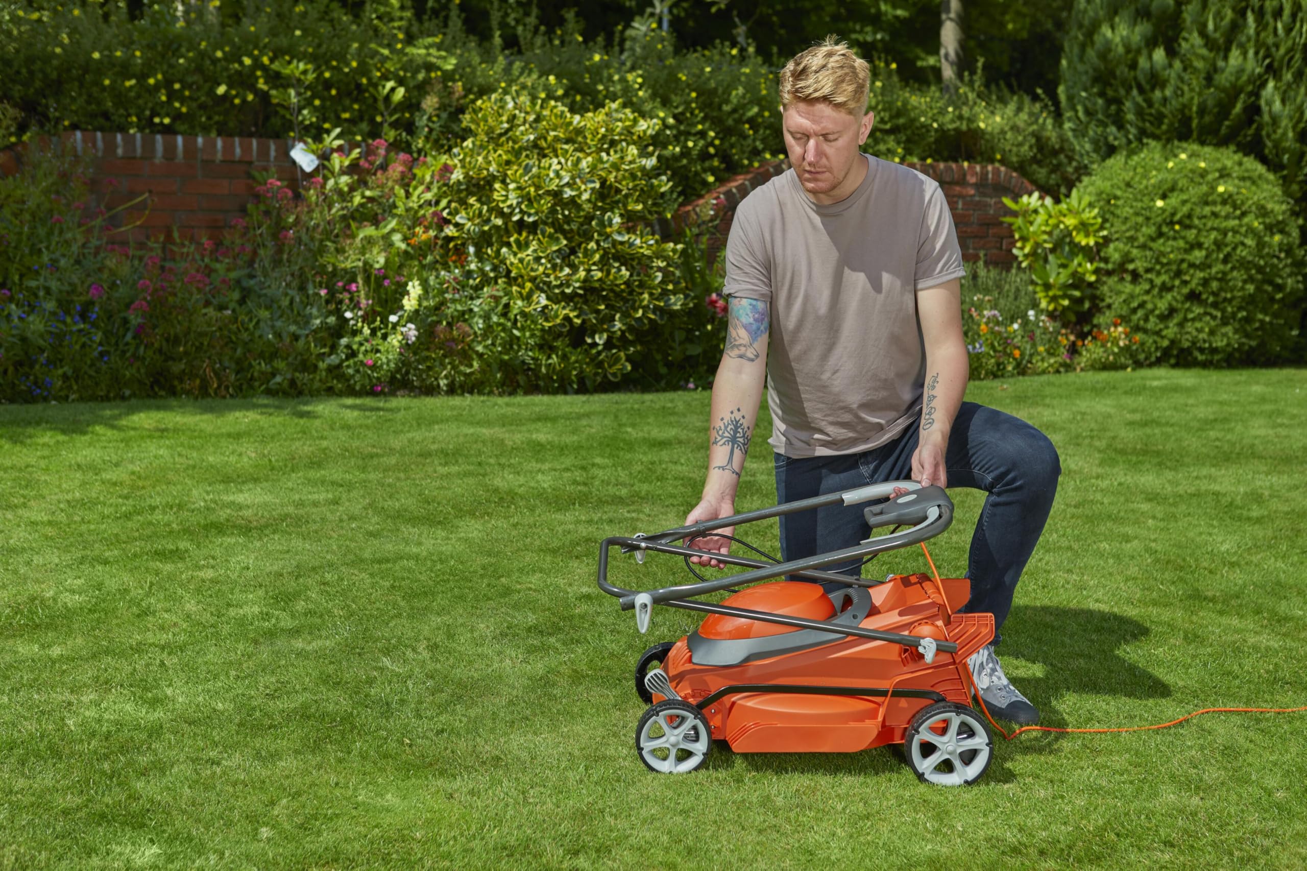 Flymo EasiStore 380R Electric Rotary Lawn Mower - 38 cm Cutting Width, 45 Litre Grass Box, Close Edge Cutting, Rear Roller, Central Height Adjust, Space Saving Storage Features