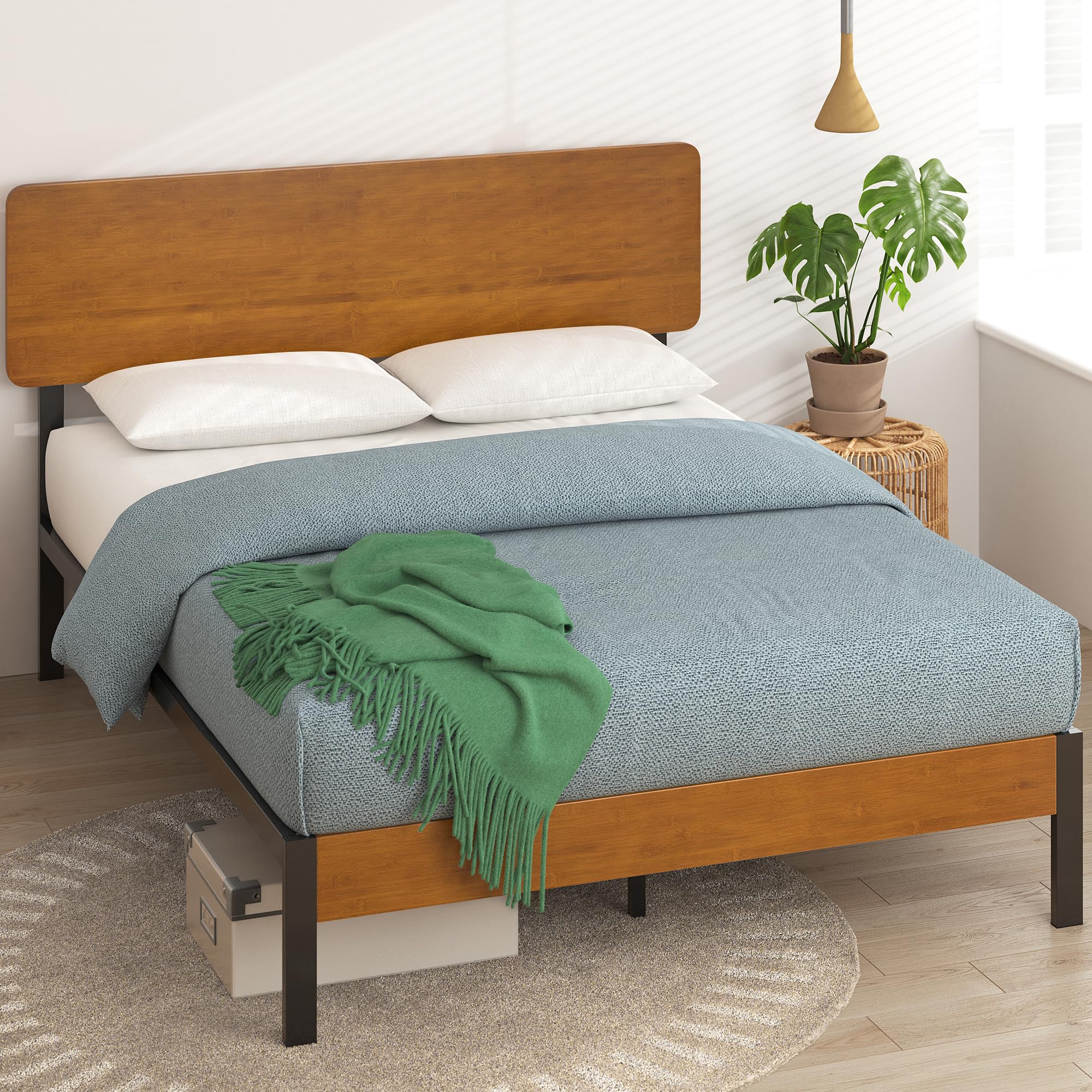 Zinus Olivia Single Bed frame - Bed 90x190 cm - 36 cm Height - Metal and Wood Platform Bed frame - Natural Brown and Black