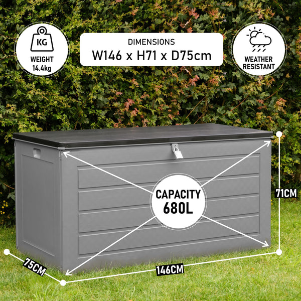 Olsen & Smith 680L Large Garden Storage Box - Weather Resistant Heavy Duty Garden Box with Padlock & Wood Effect - Huge Capacity Outdoor Storage Chest for Tools, Cushions, Toys & More (Anthracite)
