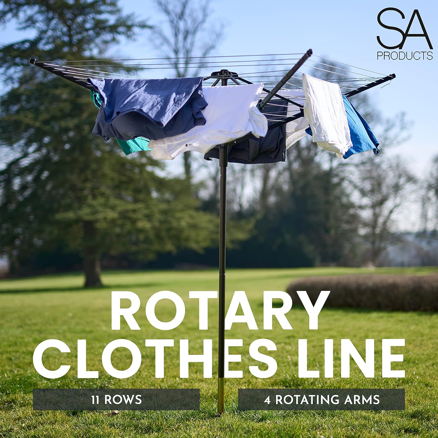 SA Products Rotary Washing Line | 45m Rotating Heavy Duty Clothes Airer Outdoor | Garden 4 Arm Rotary Washing Line | Washing Line Rotary with Ground Spike & Cover