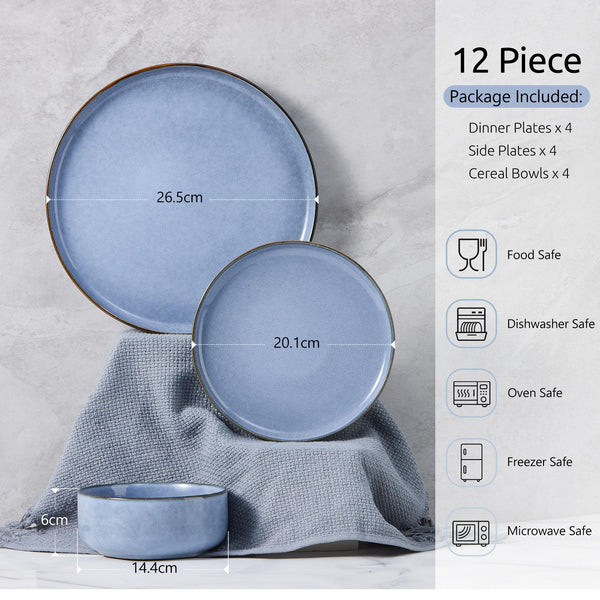 Homikit 12 Piece Dinner Set, Reactive Glaze Kitchen Dinnerware Sets for 4, Elegant Stoneware Included Plates and Bowls, Non-Scratch & Sturdy,