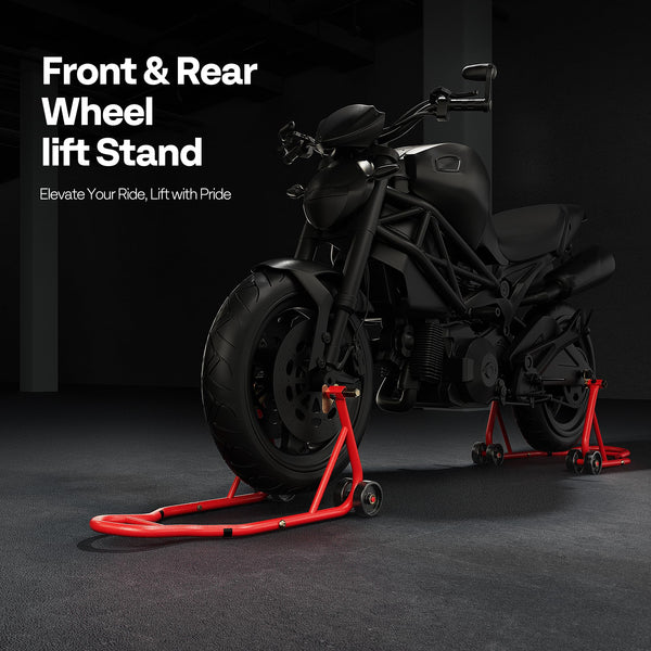 SPECSTAR Motorcycle Paddock Stand Combo 400kg Capacity Front and Rear Wheel Lift with U & L Fork Adjustable Swingarm Spool Stands for Motorbike Garage Repair Use Scissor Stand with 4 Wheels