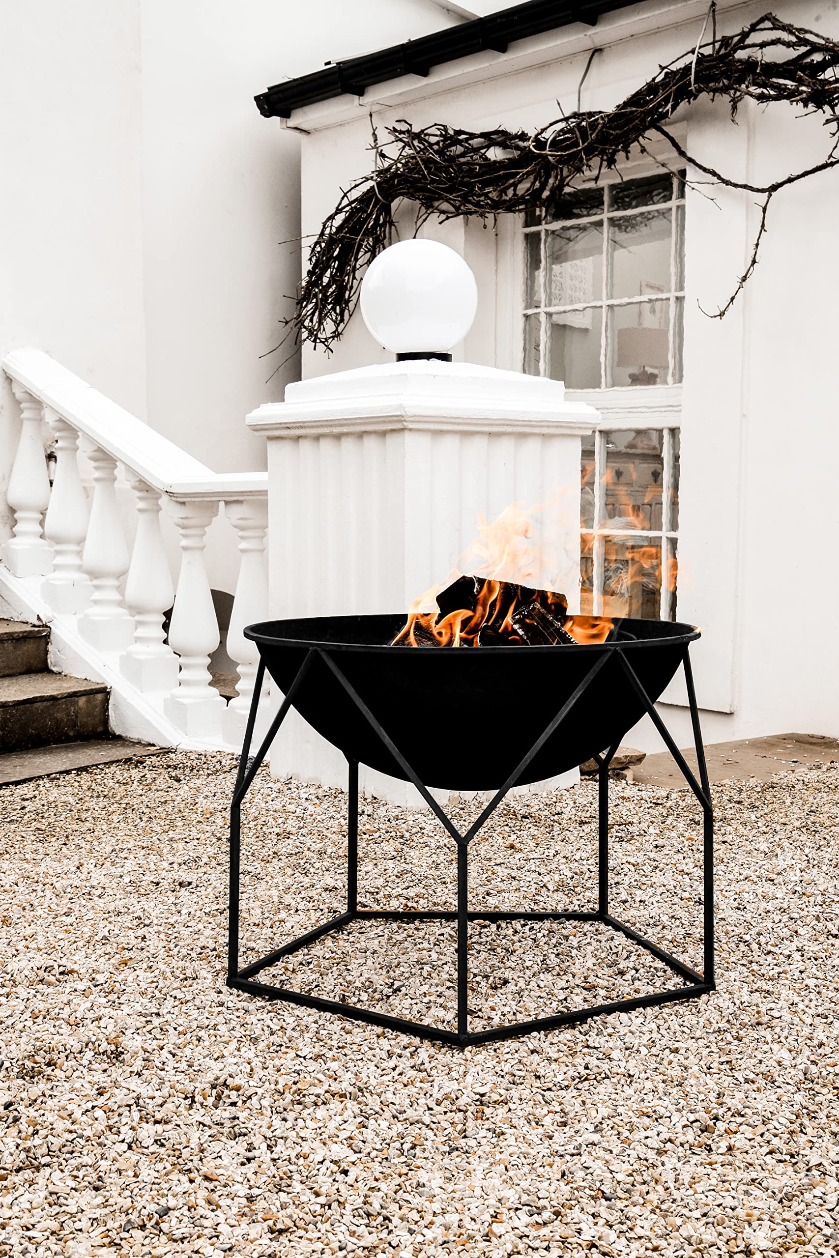Ivyline Buckingham Firebowl with Geometric Stand in Black - UV Stable, Frost Proof & Durable - Contemporary Stylish Outdoor Firepit - H51cm x W70cm