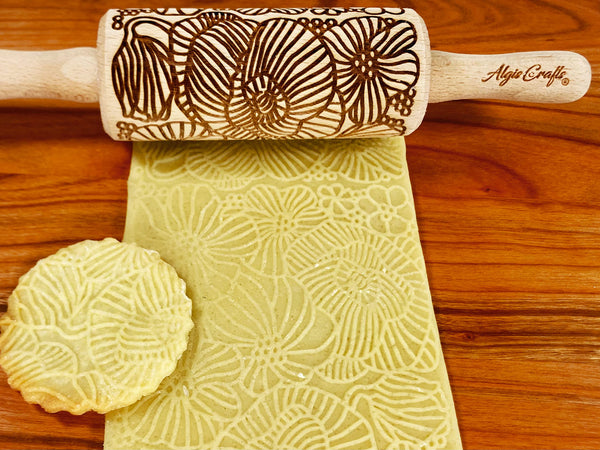 FLORAL 3 Small Textured Rolling Pinset. Wooden laser engraved embossing dough roller for embossed cookies gift for birthday, Easter, Christmas by