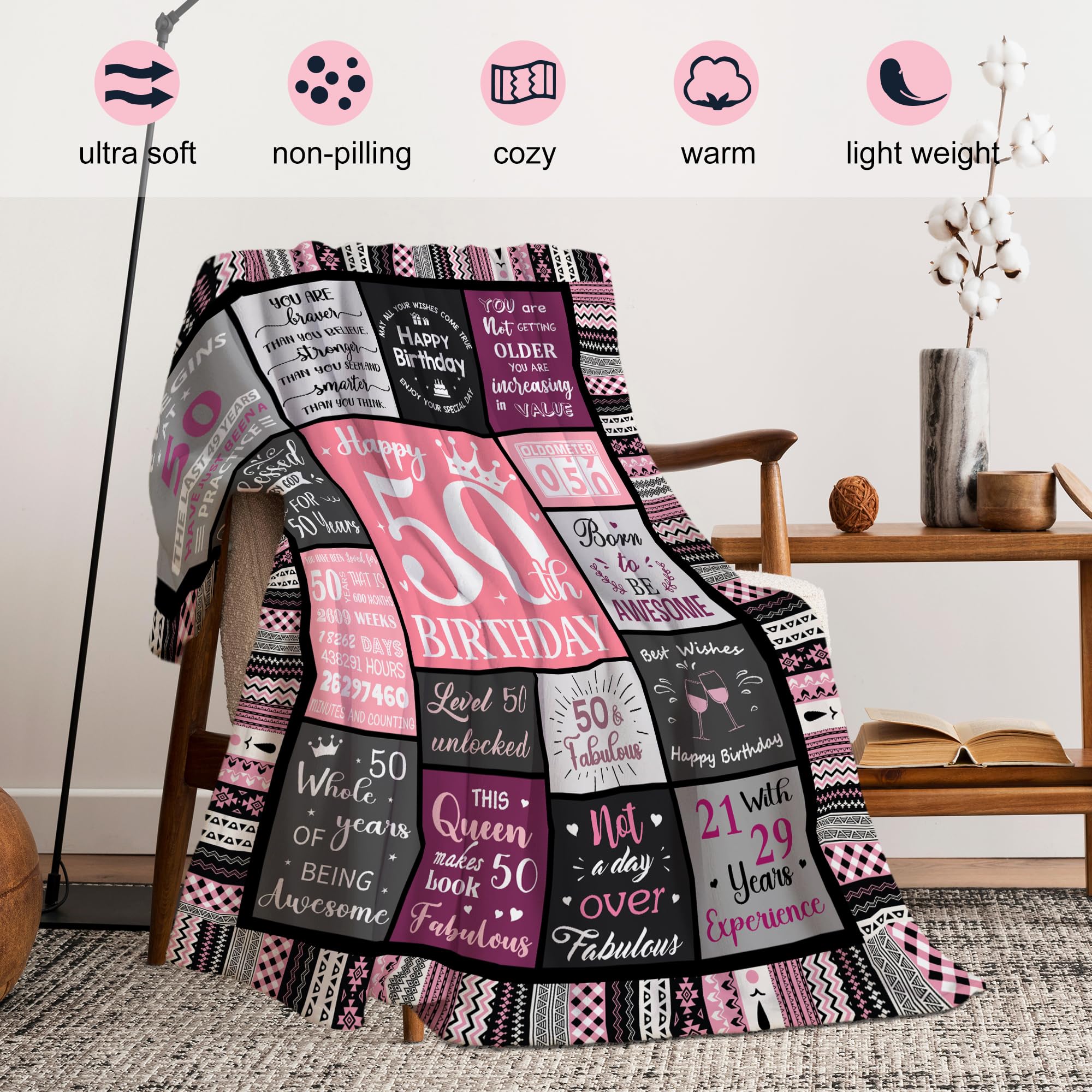 50th Birthday Gifts for Women Blanket 200x150CM, 50th Birthday Decorations, Happy 50th Birthday Ideas Gifts for 50 Year Old Woman, 1975 Birthday Gifts