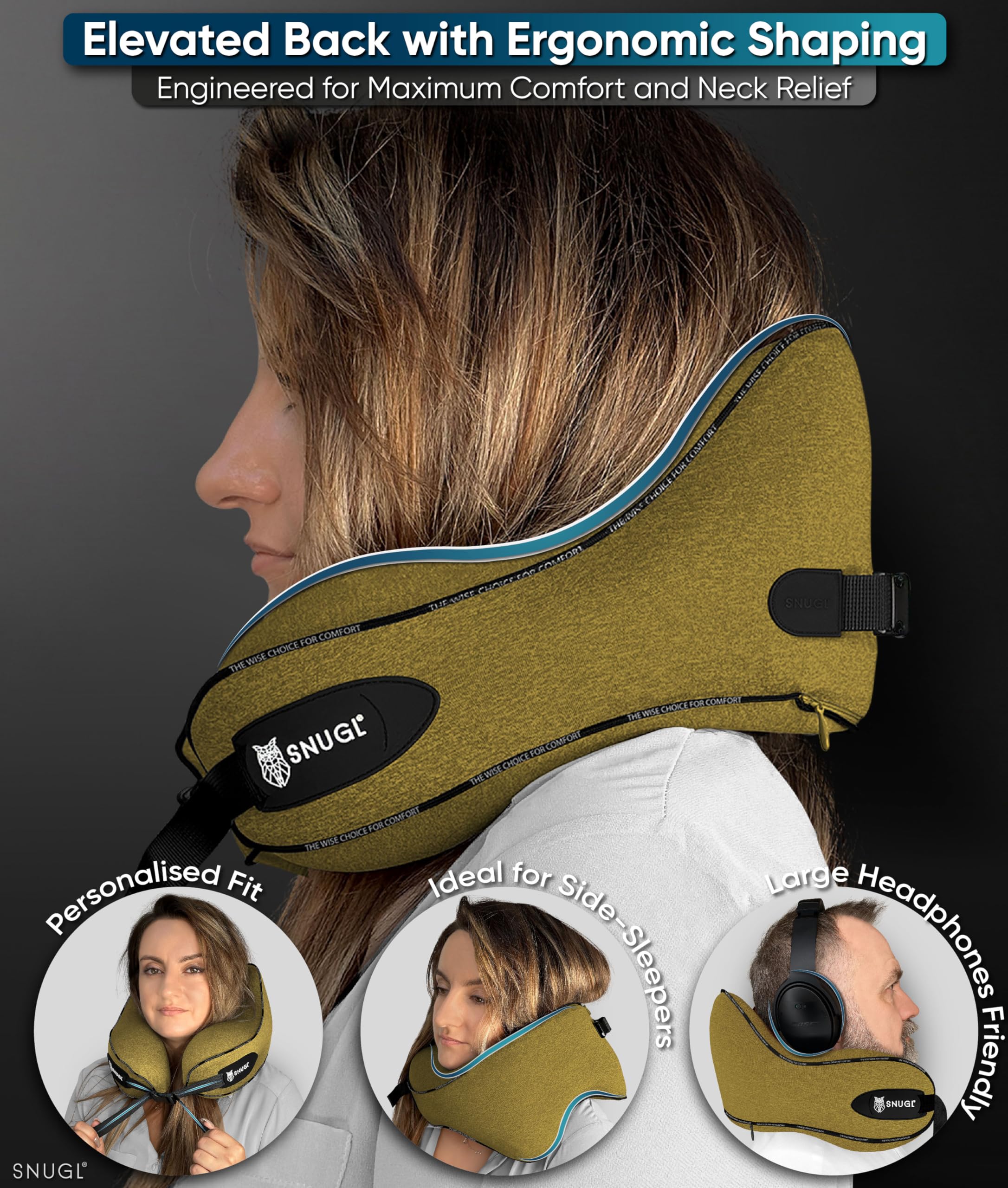 SNUGL Travel Pillow – Memory Foam Neck Pillow for Travel – Support Cushion for Airplane with Carry Bag & Clip - Holiday Essentials (Black - Adult Regular)