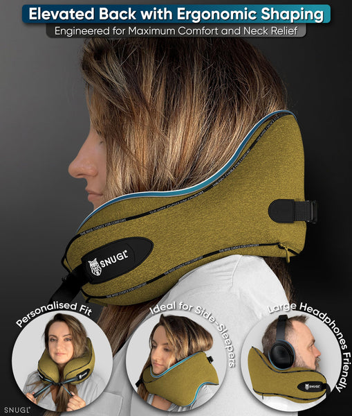 SNUGL Travel Pillow – Memory Foam Neck Pillow for Travel – Support Cushion for Airplane with Carry Bag & Clip - Holiday Essentials (Black - Adult Regular)