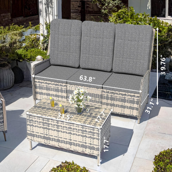 Trumbeak Polyrattan Lounge Set - 3 People Garden Furniture Seating Set Table - Seat Set with Adjustable Backrest Made of Garden Sofa, Side Table for Garden, Black