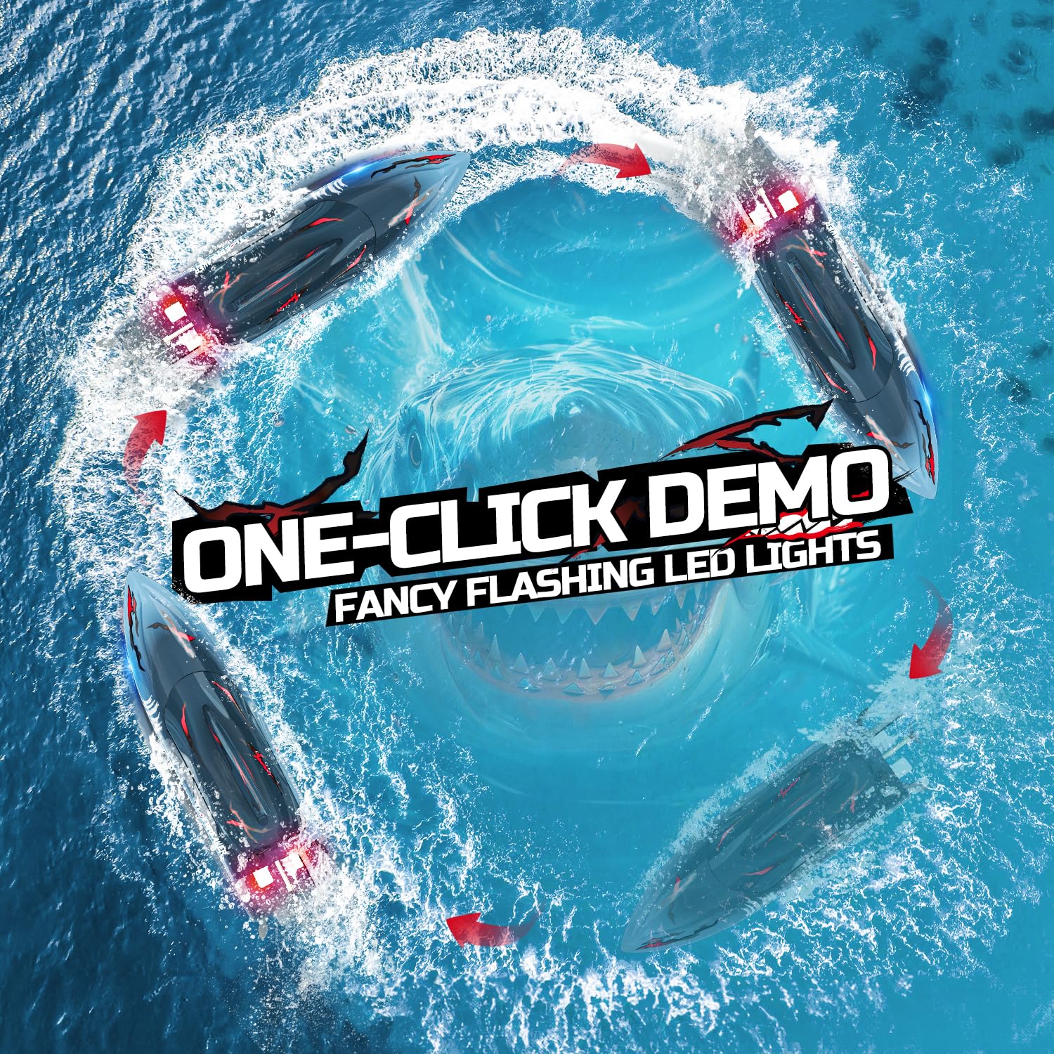 DEERC Fast Brushless RC Shark Boat for Adults, 30+MPH 3S High Speed Remote Control Speed Boat with LED Lights, Summer Toy Gift for Kids