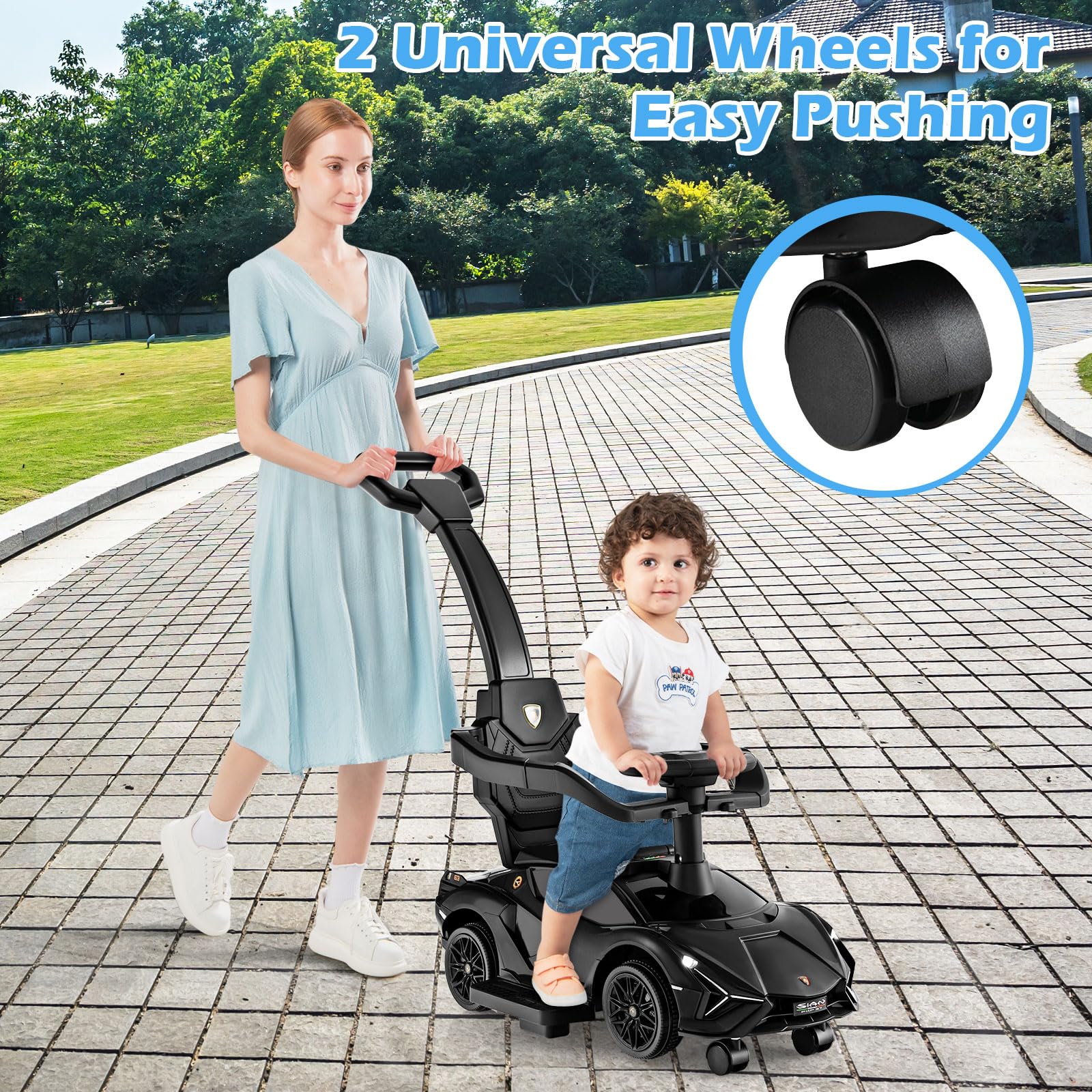 GYMAX 3 in 1 Kids Ride on Push Car, Licensed Lamborghini Push Along Car with Handle, Guardrails, USB Port, Music & Lights, Underneath Storage, Toddler Sliding Toy for 18-60 Months Boys Girls (Black)