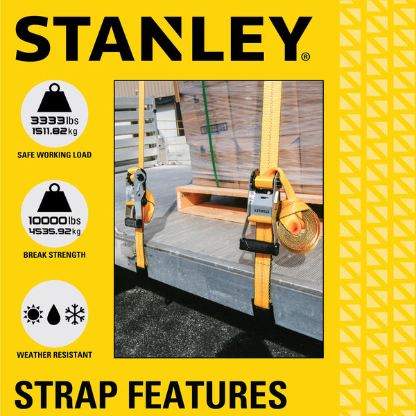 STANLEY S1007 Black/Yellow 1.5" x 16' Ratchet Tie Down Straps - 1,100 lb Safe Working Load / 3,300 lb Break Strength, 2 Pack