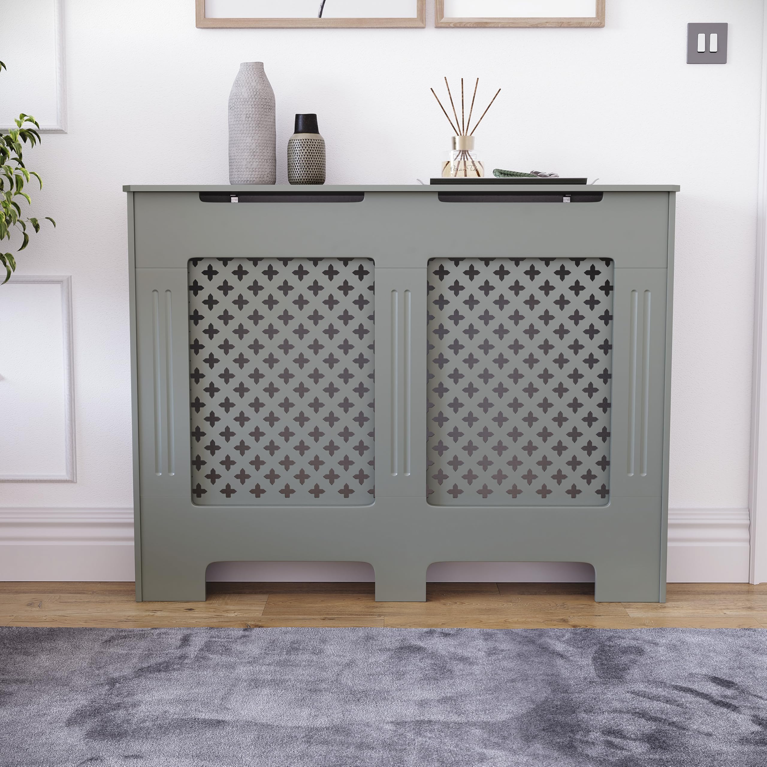 Vida Designs Oxford Radiator Cover – Traditional Cross Pattern, Olive Grey, MDF, Modern Painted Finish, Heat Efficient, Small, (H 82 x W 78 x D 19 cm)