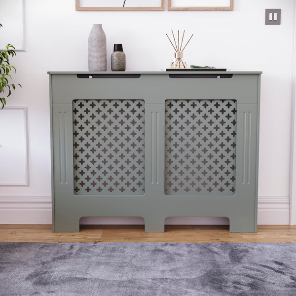 Vida Designs Oxford Radiator Cover – Traditional Cross Pattern, Olive Grey, MDF, Modern Painted Finish, Heat Efficient, Small, (H 82 x W 78 x D 19 cm)