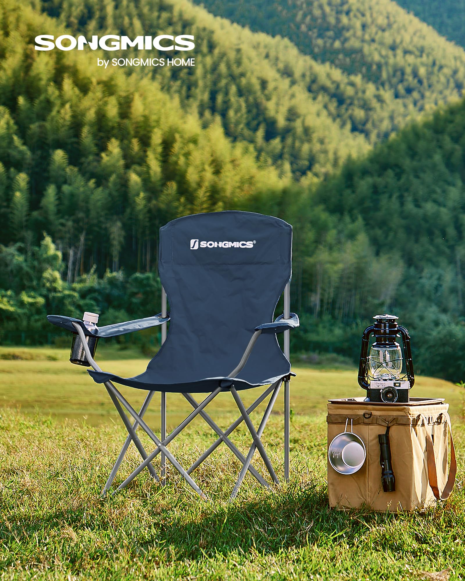 SONGMICS Set of 2 Folding Chairs, Camping Chairs, Comfortable Heavy Duty Structure, Max. Load 150 kg, with Drink Holder, Outdoor Chair