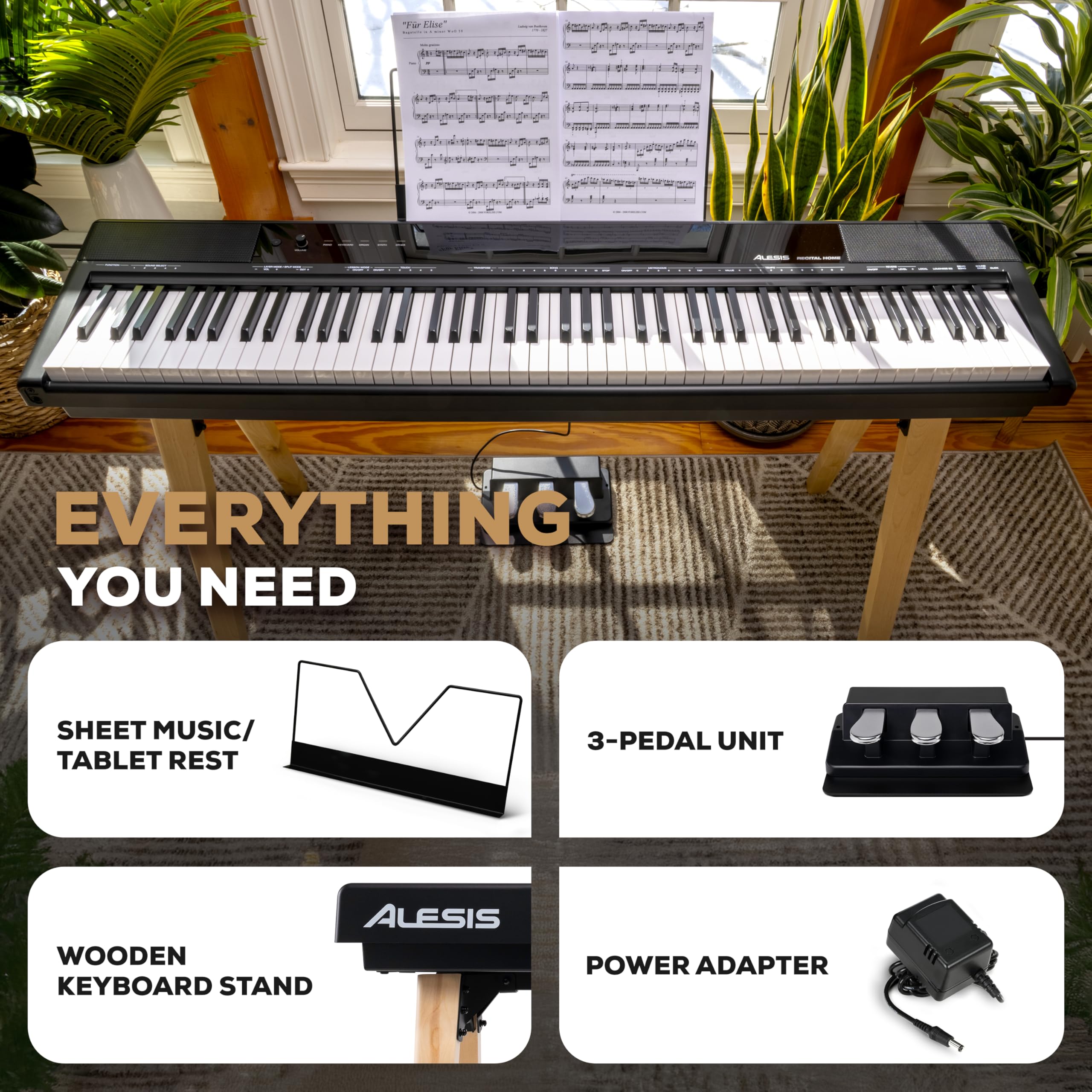 Alesis Recital Home Digital Piano with 88 Hammer Action Weighted Keys, Stand, Pedals and Lessons, Turquoise