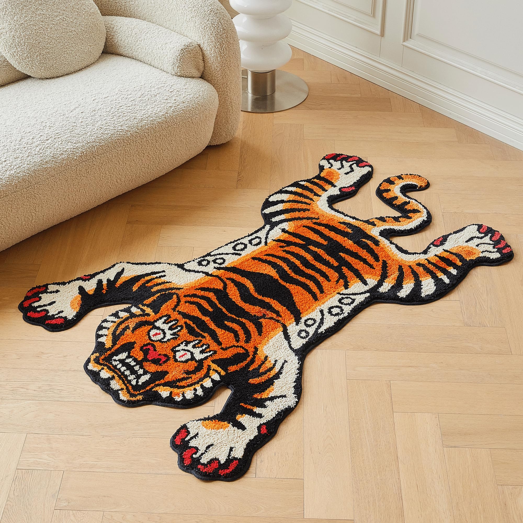 Tibetan Tiger Quilted Long Pile Rugs, Machine Washable Indoor Rugs with TPR Non-Slip Backing for Bedroom, Bathroom, Living Room and Dining Room