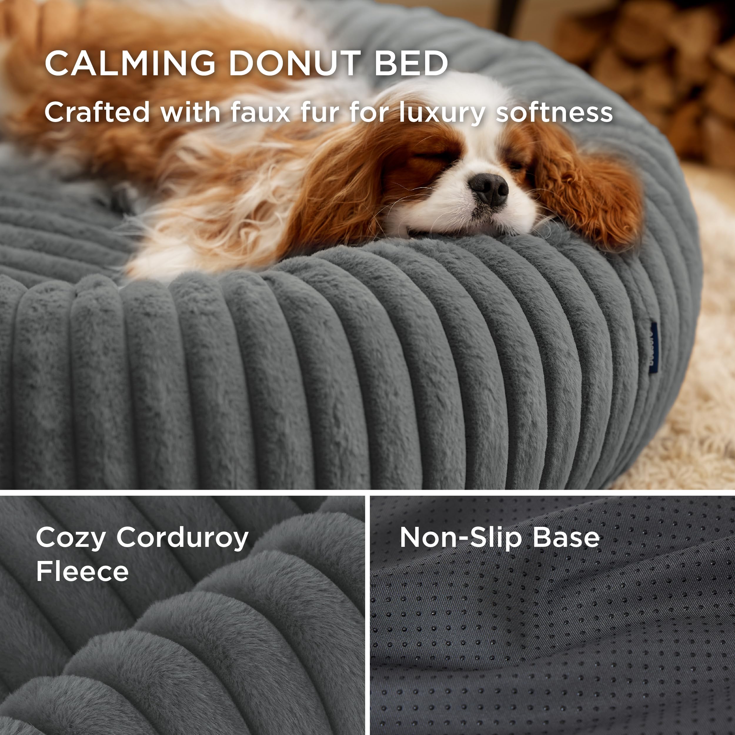Bedsure Cat Bed for Indoor Cats - 51x51x15 cm Fluffy Cat Donut Bed with Corduroy Fleece & Anti Slip Bottom, Puppy Kitten Beds Washable with Removable Cover, Dark Grey