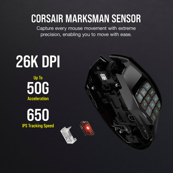 CORSAIR SCIMITAR ELITE WIRELESS MMO Gaming Mouse – 26,000 DPI – 16 Programmable Buttons – Up to 150hrs Battery – iCUE Compatible – PC, PS5, PS4, Xbox – Black
