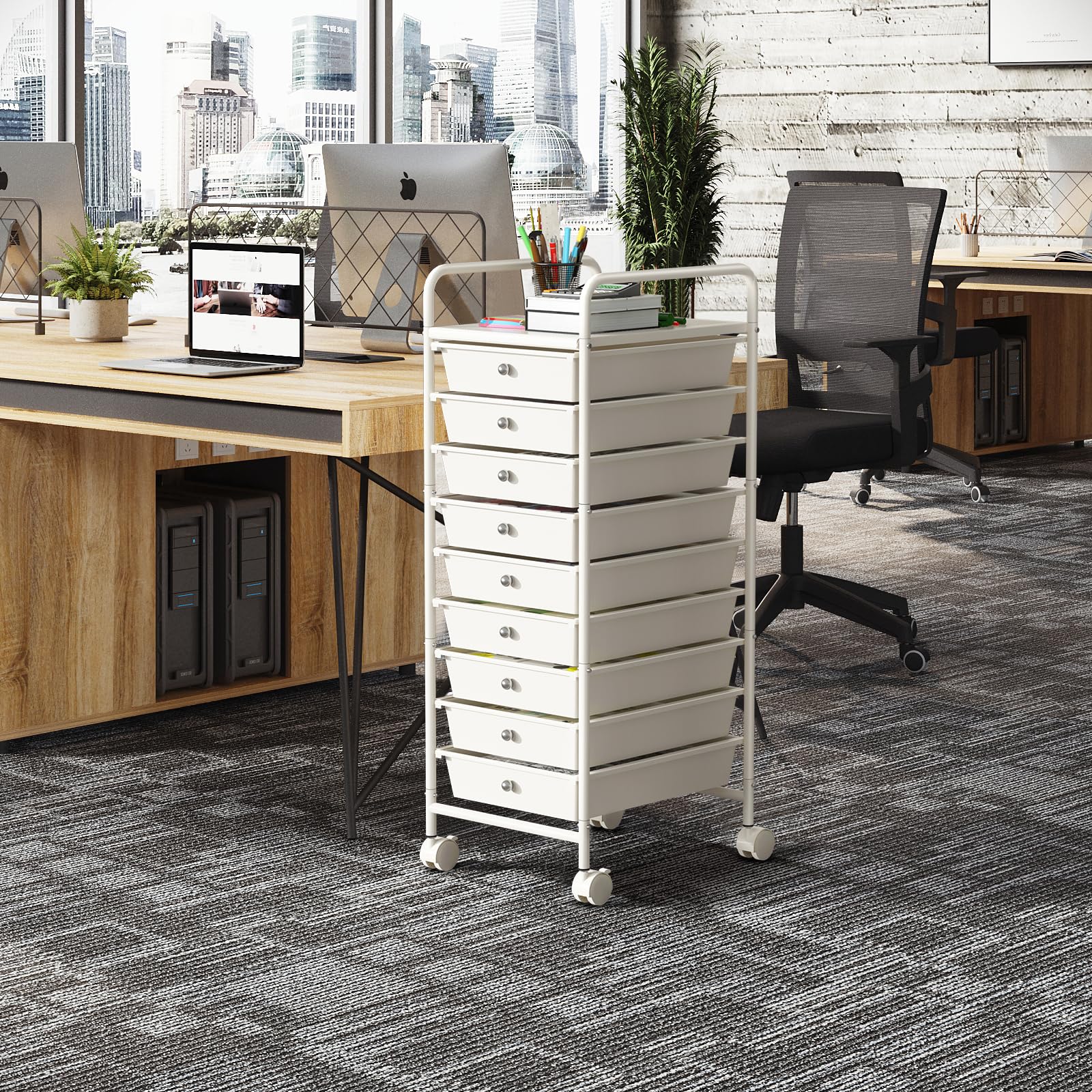 Johgee 9 Drawers Plastic Storage Cart, Multipurpose Mobile Organizer Shelving Unit with Lockable Wheels, Rolling Cart Storage Trolley for Home Office