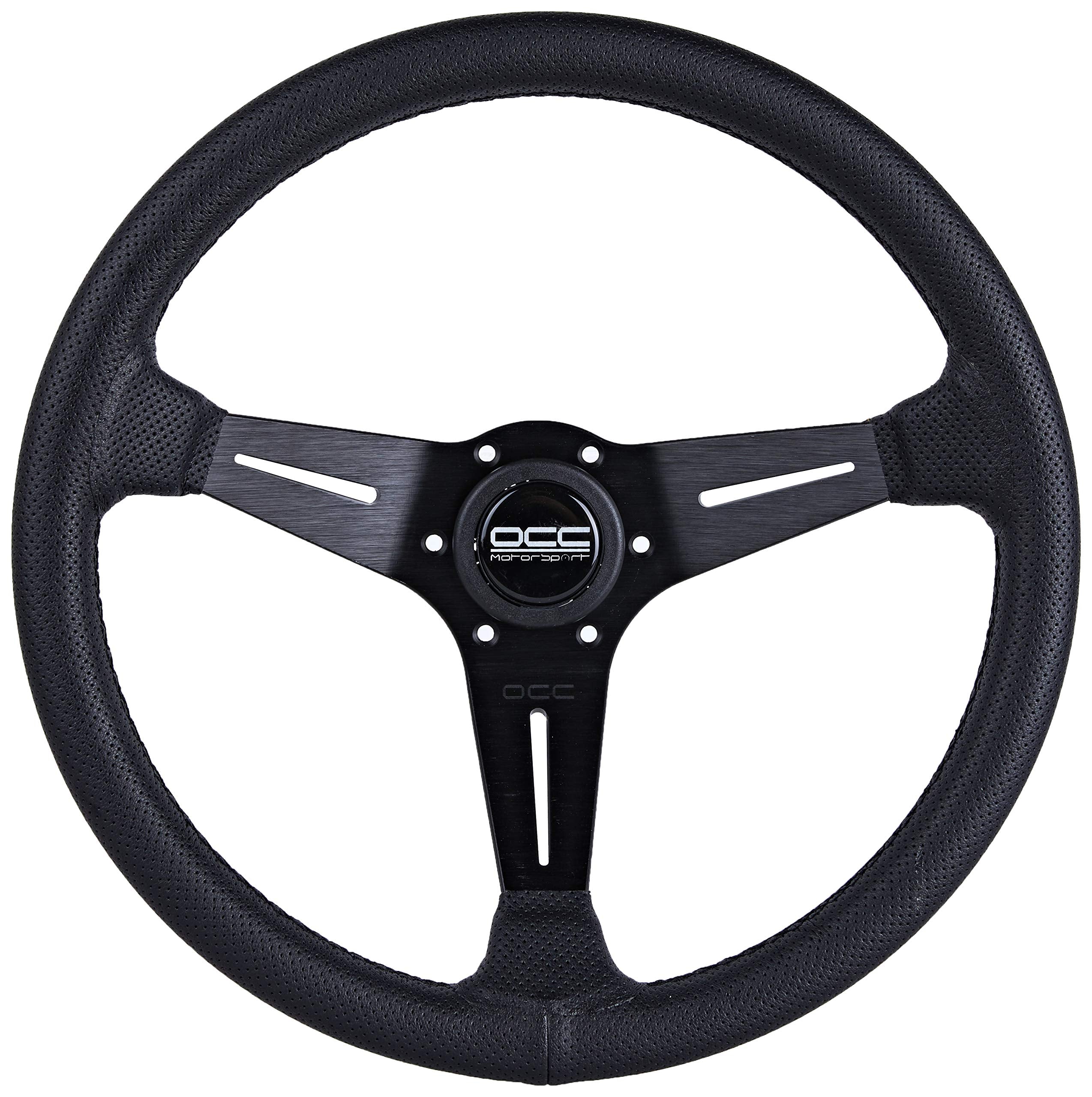 OCC MOTORSPORT OFFSET STEERING WHEEL CLASSIC MODEL PERFORATED LEATHER WITH BLACK ARMS - 90 MM FULL DISH WHEEL - 350MM (14 INCH)