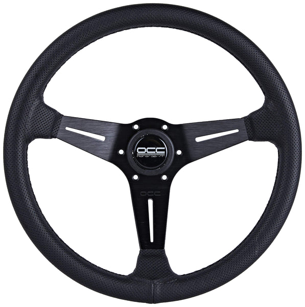 OCC MOTORSPORT OFFSET STEERING WHEEL CLASSIC MODEL PERFORATED LEATHER WITH BLACK ARMS - 90 MM FULL DISH WHEEL - 350MM (14 INCH)