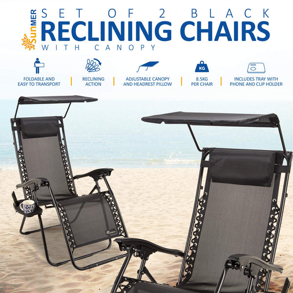 Set of 2 Sun Lounger Garden Chairs With Cup And Phone Holder | Adjustable Headrest Pillow | Deck Folding Recliner Zero Gravity Outdoor Chair - Black
