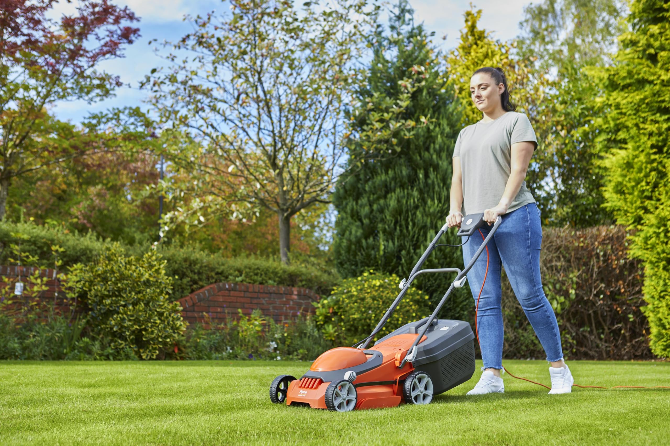 Flymo EasiStore 380R Electric Rotary Lawn Mower - 38 cm Cutting Width, 45 Litre Grass Box, Close Edge Cutting, Rear Roller, Central Height Adjust, Space Saving Storage Features