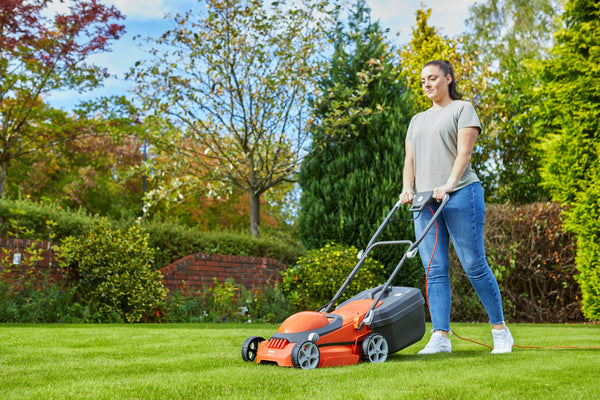 Flymo EasiStore 380R Electric Rotary Lawn Mower - 38 cm Cutting Width, 45 Litre Grass Box, Close Edge Cutting, Rear Roller, Central Height Adjust, Space Saving Storage Features