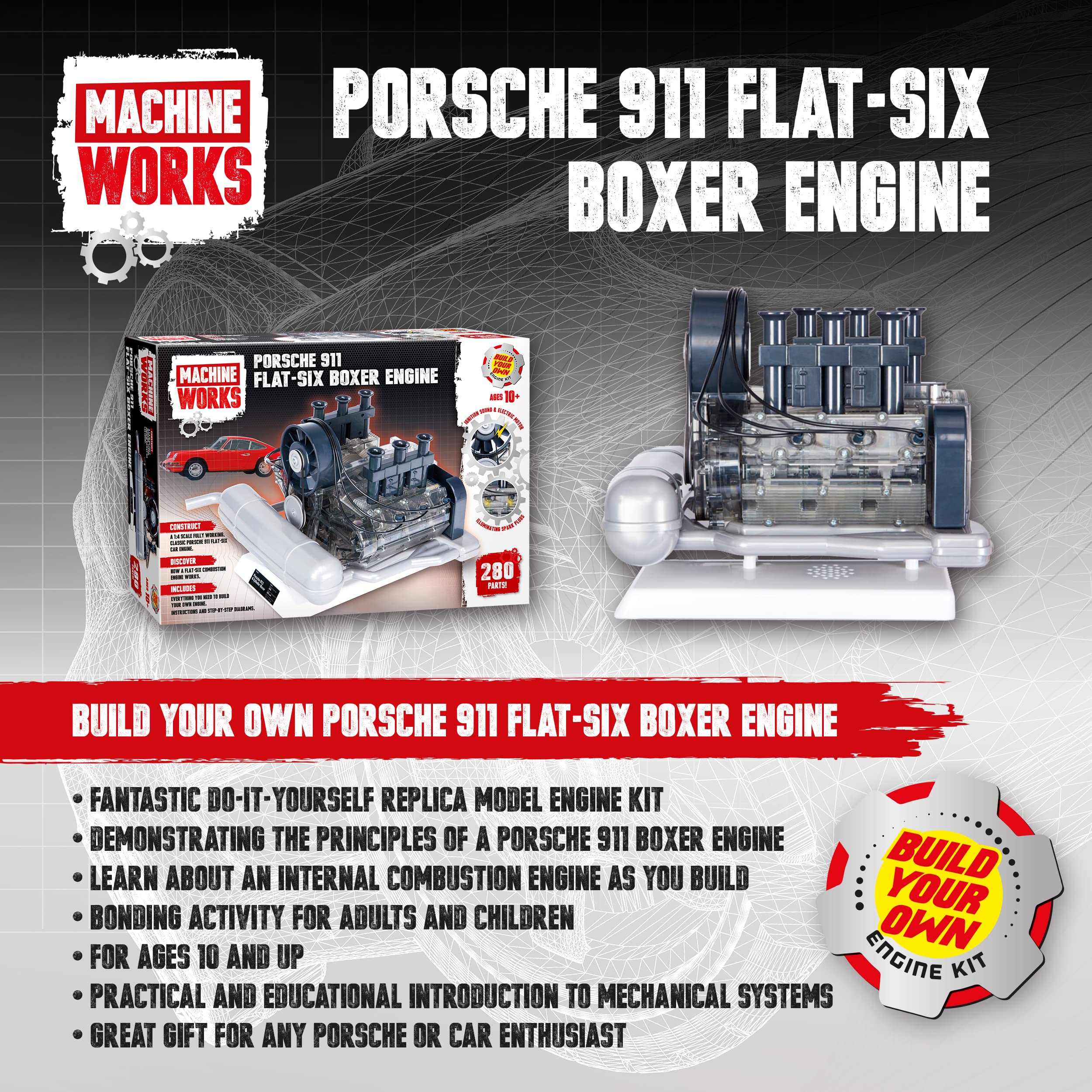 Machine Works Build Your Own Porsche 911 Boxer Engine Toy - Replica Model Building Kit - Features Sounds and Illumination, 280+ Pieces, 10+ Years