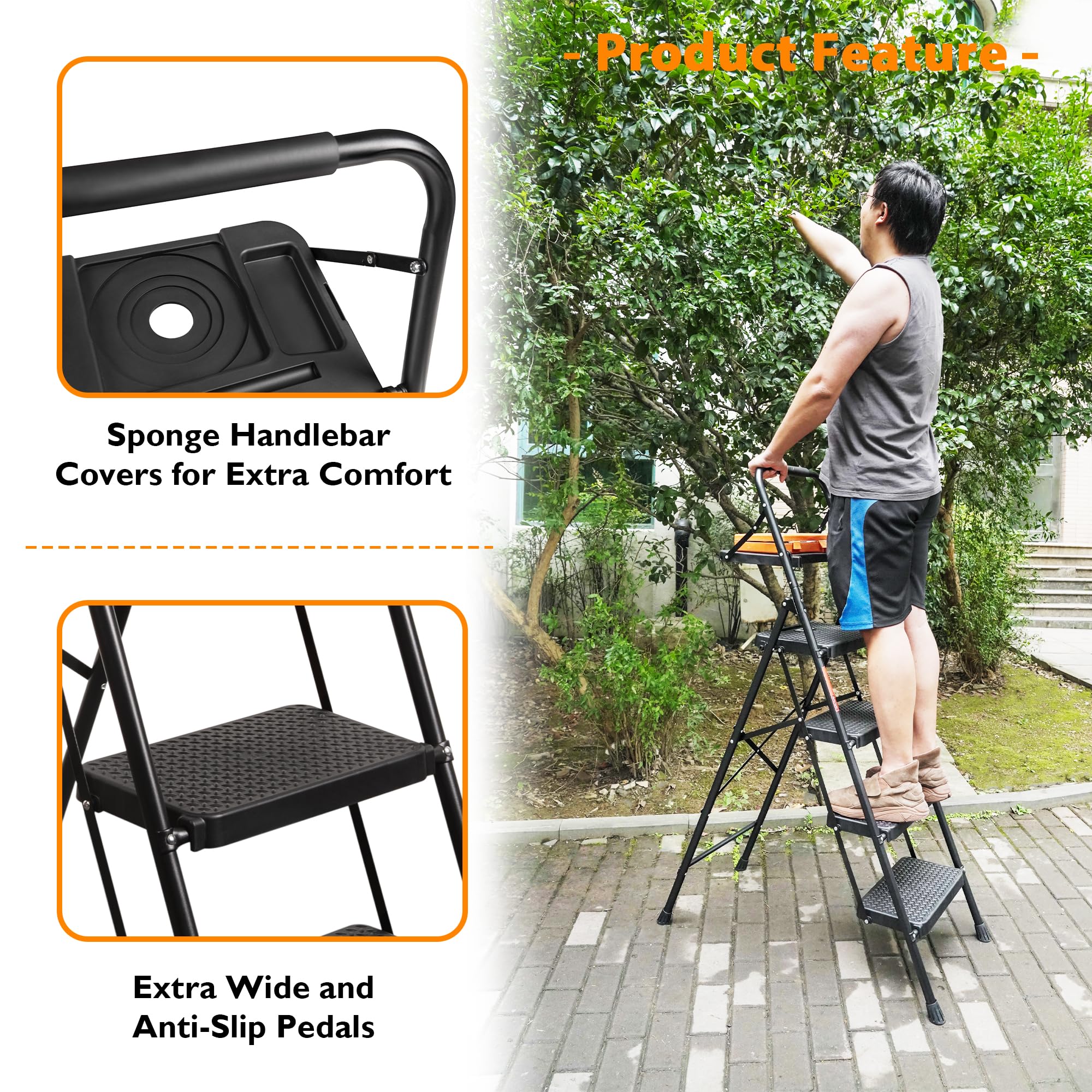 BONTEC 4 Step Ladder Folding, Heavy Duty Foldable Step Stool with Wide Anti-Slip Pedals, Sponge Handrail and Tool Tray, Portable Household Ladder 150kg Capacity, Compact Collapsible Indoor Ladder