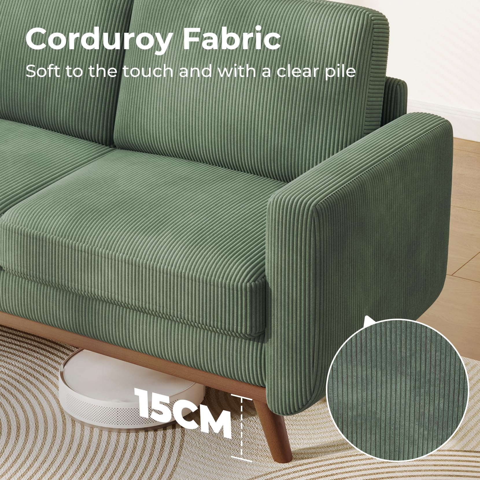Vesgantti 172cm Loveseat Sofa Green, Comfy Corduroy Couch with Spring Cushion, 2 Seater Sofa with Solid Wood, Sofa Couch with Deep Seat, Sofa for Bedroom, Loveseat for Living Room, Green Office Couch
