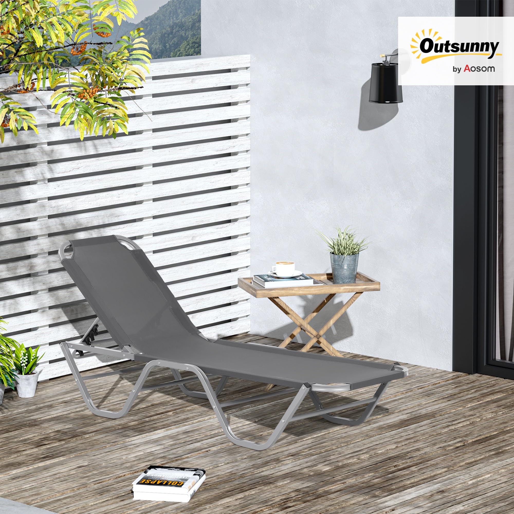 Outsunny Sun Lounger Relaxed Recliner with 5-Position Adjustable Backrest Aluminium Frame for Pool or Sun Bathing Light Grey