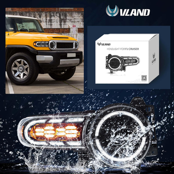 VLAND LED Headlights Compatible with 2007-2017 Toyota FJ Cruiser, Front Light with Startup Animation, Headlamp with Sequential Turn Signal