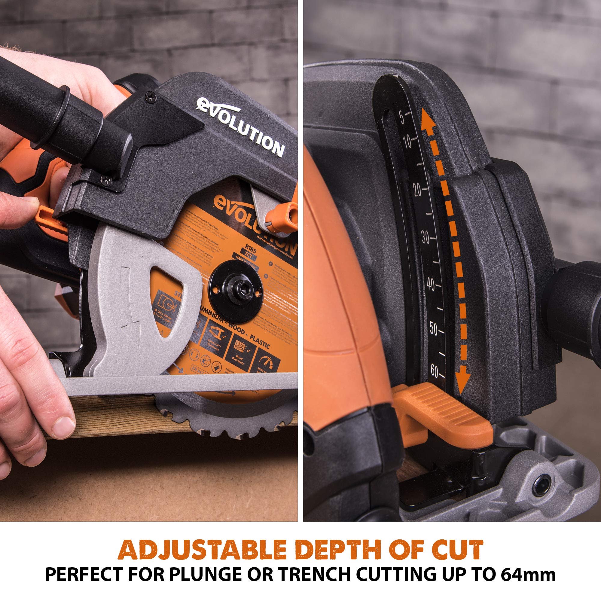 Evolution Power Tools R185CCSX Circular Saw With 1020 mm 3-Piece Track | Multi-Material Blade, Cuts Wood, Metal, Plastic & More | Incl Dust Port Adapter | 185mm (230v)