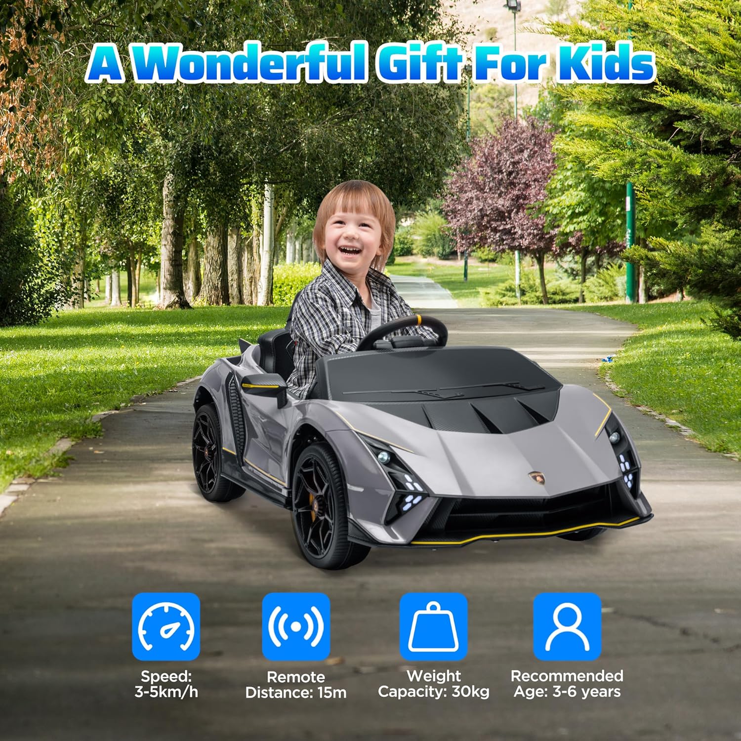 AIYAPLAY 12V Lamborghini Autentica Licensed Kids Electric Car with Butterfly Doors, Ride on Car with Remote Control, 4 Suspension Wheels, Soft Start, LED Lights, Music, Horn, Grey