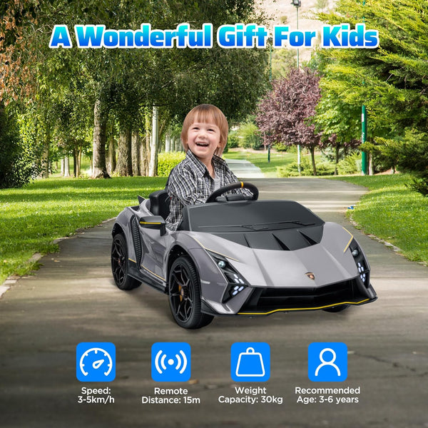 AIYAPLAY 12V Lamborghini Autentica Licensed Kids Electric Car with Butterfly Doors, Ride on Car with Remote Control, 4 Suspension Wheels, Soft Start, LED Lights, Music, Horn, Grey