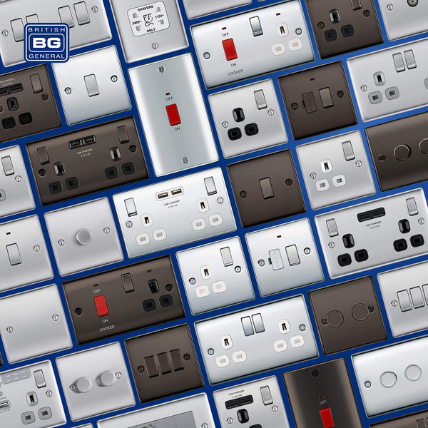 BG Electrical Cooker Switch with Socket and LED, Cooker Control Unit, Control Socket, Double Pole, Raised Profile, Round Edges, Nexus Metal, Brushed Steel, Grey Inserts, 45A, NBS70G