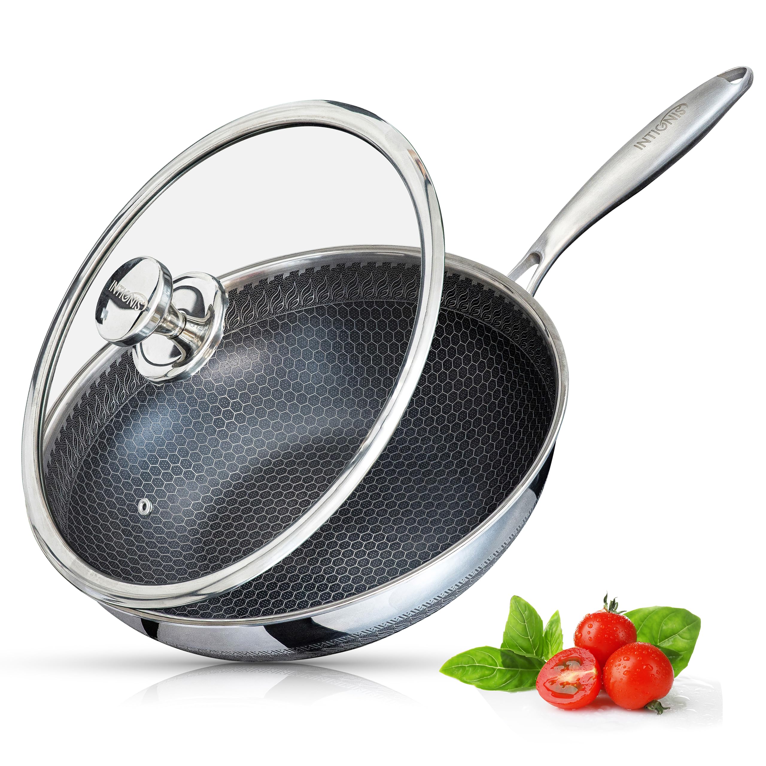 INTIGNIS Wok with Oven-Safe Lid - Anti Scratch Kitchen, for Sauting, Roasting, Broiling  Large 30cm Stainless-Steel Skillet - German GREBLON