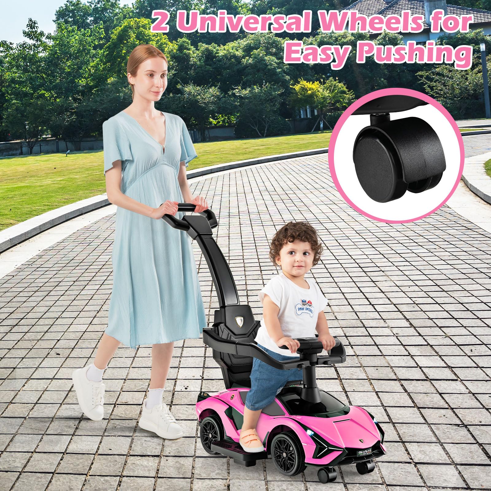 GYMAX 3 in 1 Kids Ride on Push Car, Licensed Lamborghini Push Along Car with Handle, Guardrails, USB Port, Music & Lights, Underneath Storage, Toddler Sliding Toy for 18-60 Months Boys Girls (Black)