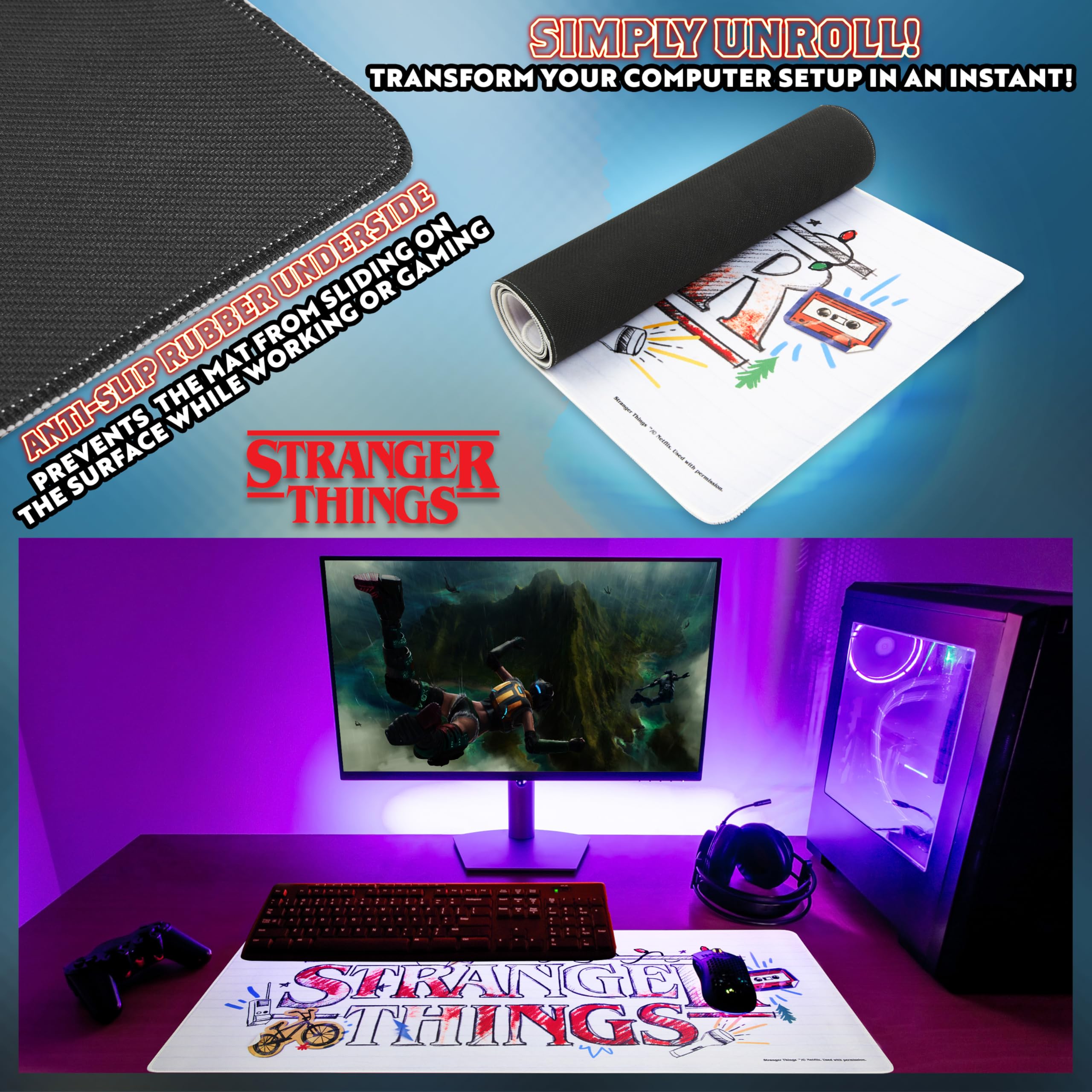 Stranger Things Desk Mat Large Mouse Mat 80 x 36 cm Desk Protector Mat PC Laptop Keyboard and Mouse Mat Gamer Gifts (White)