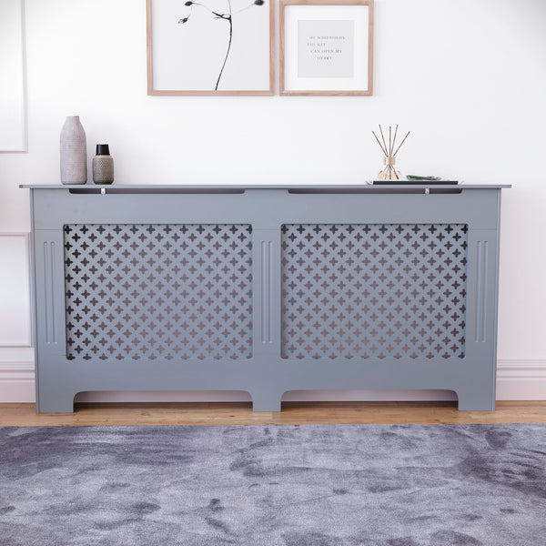 Vida Designs Oxford Radiator Cover – Traditional Cross Pattern, Olive Grey, MDF, Modern Painted Finish, Heat Efficient, Small, (H 82 x W 78 x D 19 cm)