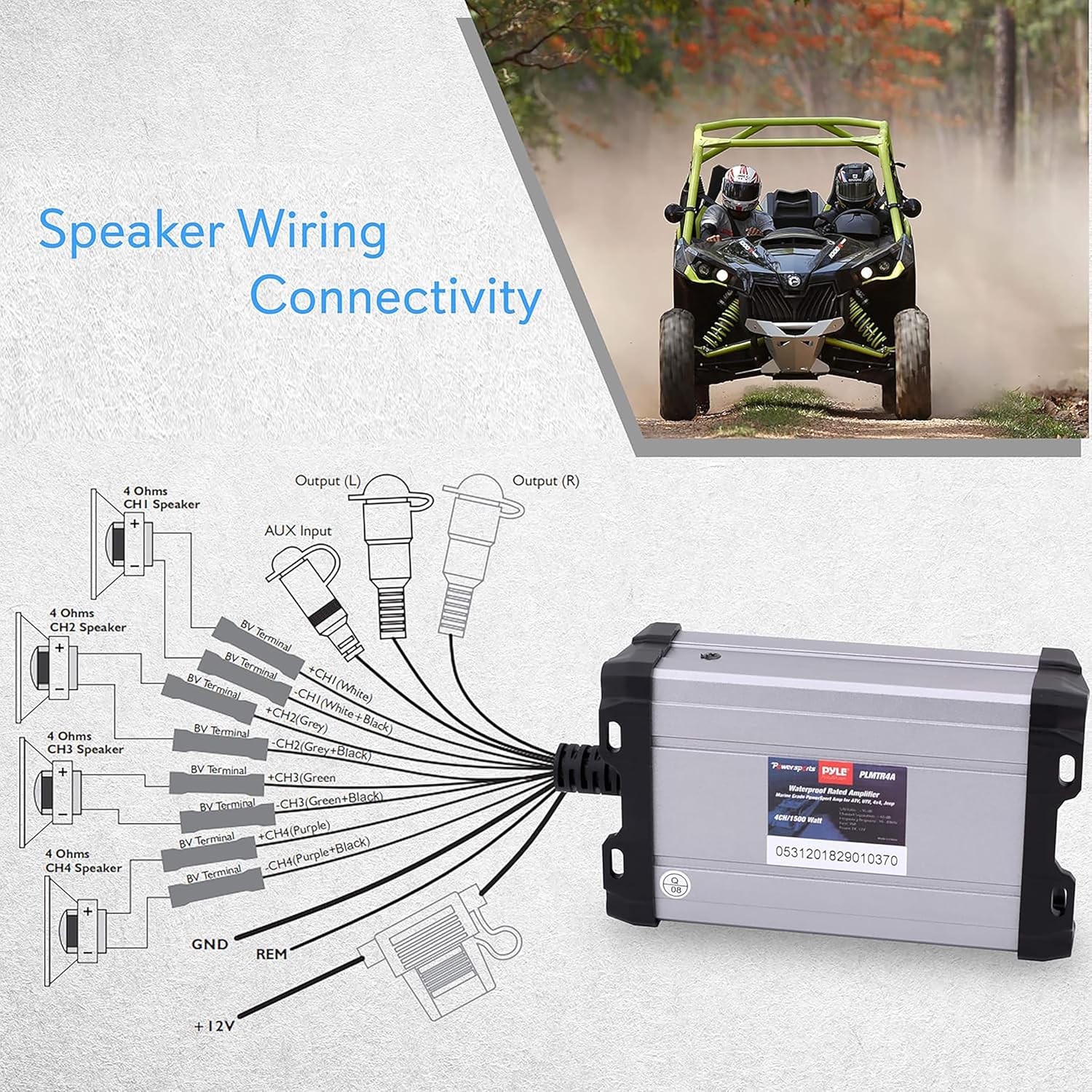 Pyle 4-Channel Marine Amplifier Receiver - Waterproof and Weatherproof Audio Subwoofer for Boat Stereo Speaker & Other Watercraft - 1200 Watt Power, Wired RCA, AUX and MP3 Audio Input Cable