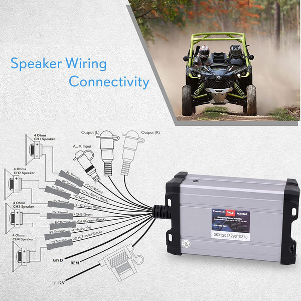 Pyle 4-Channel Marine Amplifier Receiver - Waterproof and Weatherproof Audio Subwoofer for Boat Stereo Speaker & Other Watercraft - 1200 Watt Power, Wired RCA, AUX and MP3 Audio Input Cable